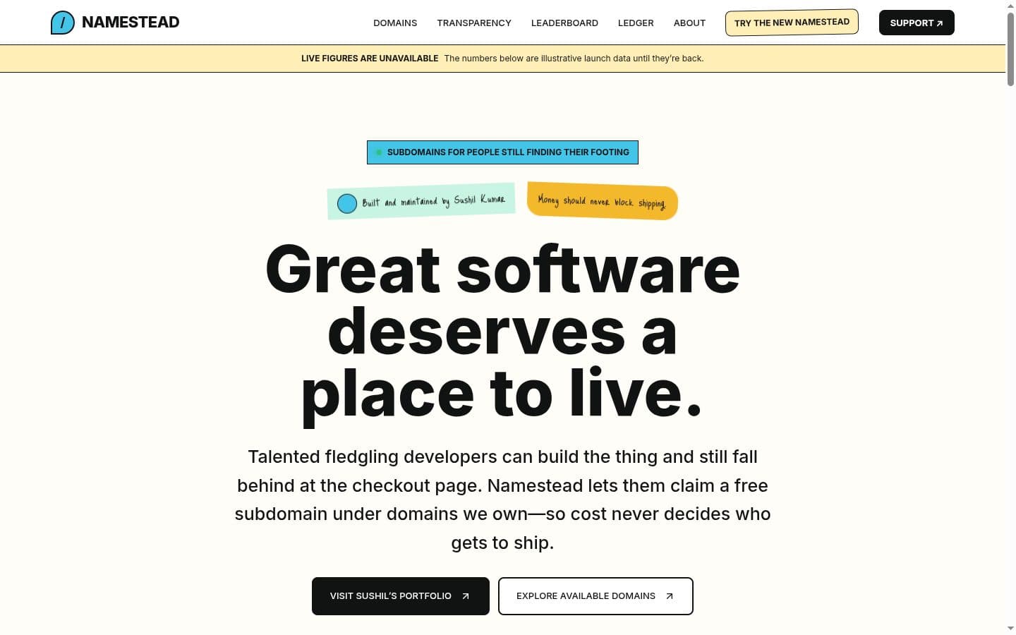 The Namestead landing page