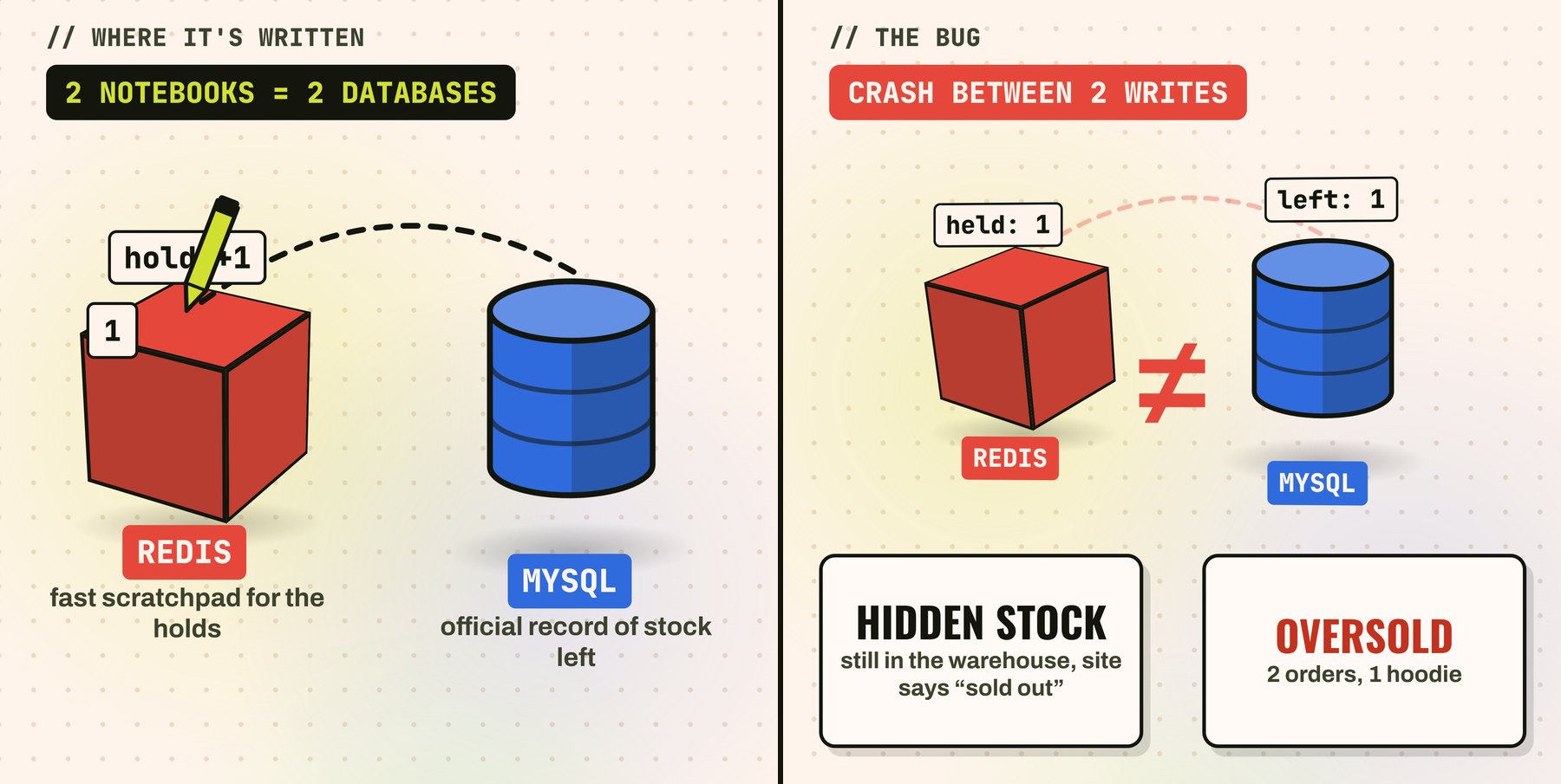 Two 3D scenes. Left: a red cube labelled Redis, the fast scratchpad for the holds, with a pen writing 'hold +1', and a blue cylinder labelled MySQL, the official record of stock left. Right: after a crash, Redis says 'held: 1' and MySQL says 'left: 1', with a not-equal sign, leading to either hidden stock or an oversold hoodie.
