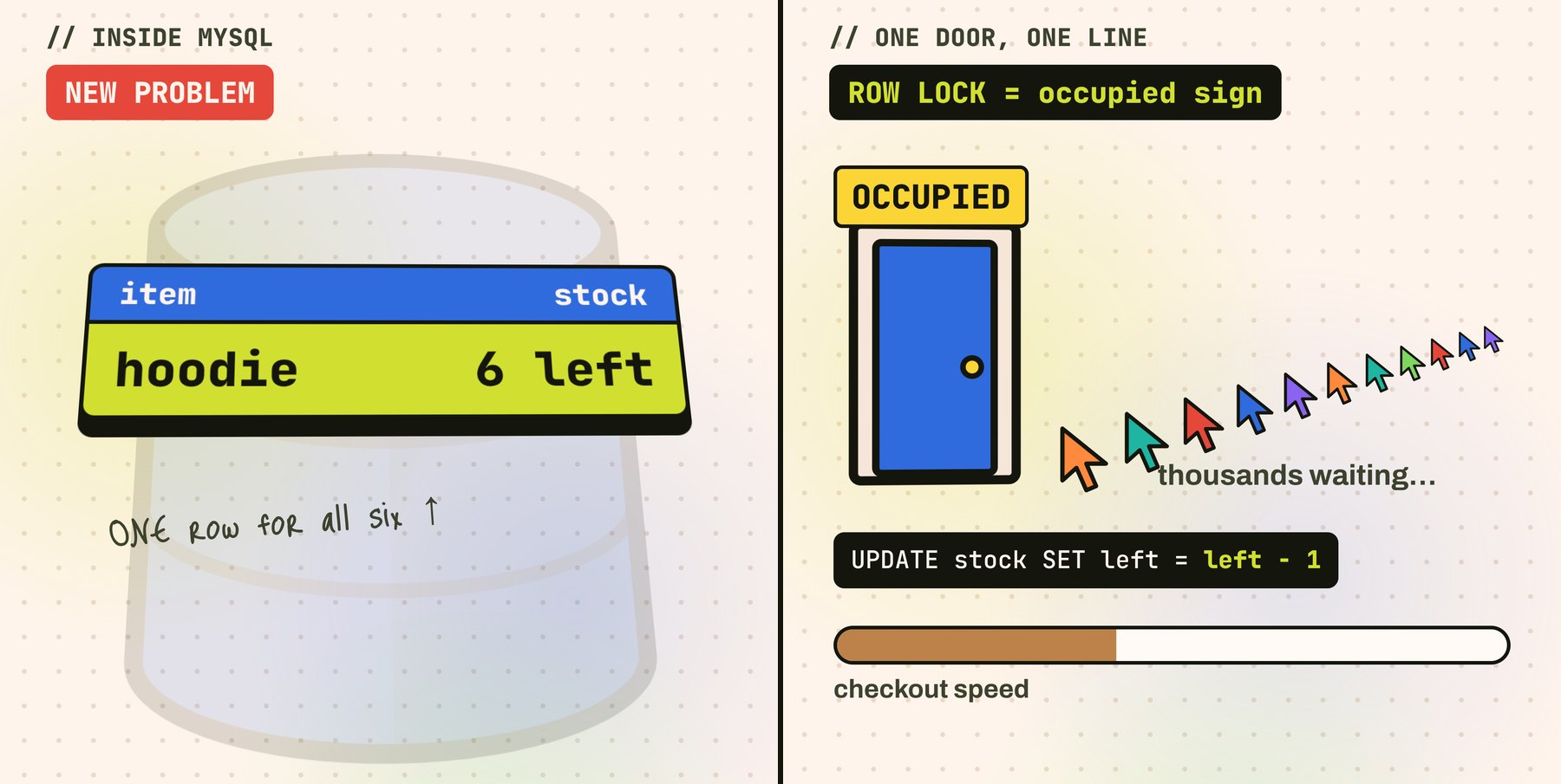 Two 3D scenes. Left: inside MySQL, a single row reading 'hoodie, 6 left', with the handwritten note 'one row for all six'. Right: the row becomes a blue door with an Occupied sign, a long queue of buyer cursors labelled 'thousands waiting', the query UPDATE stock SET left = left - 1, and a checkout speed bar that is mostly empty.